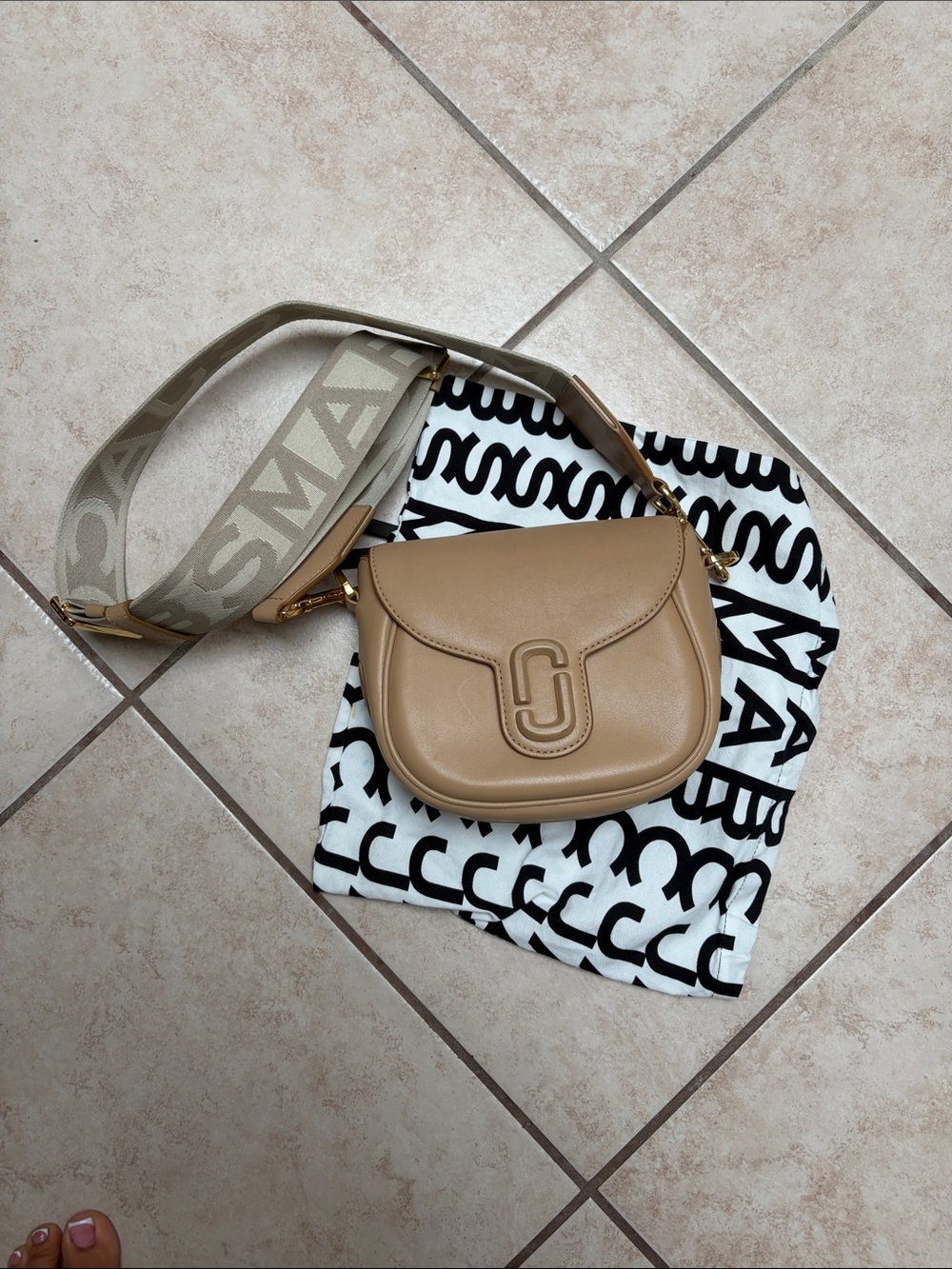 Marc Jacobs Tan Leather Saddle Crossbody with Branded Wide Strap